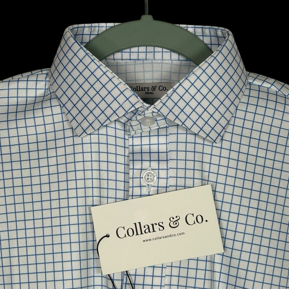 Collars & Co Polo Shirt Mens Small Blue Check Grid Dress Collar Preppy Work